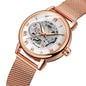 Elegant mechanical timepiece for women with rose gold mesh strap and visible inner gears