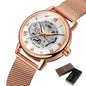 Elegant mechanical timepiece for women with rose gold mesh band and exposed gears by Alcom Distribution