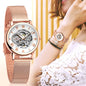 Alcom Distribution elegant mechanical timepiece for women with rose gold mesh strap and visible gears