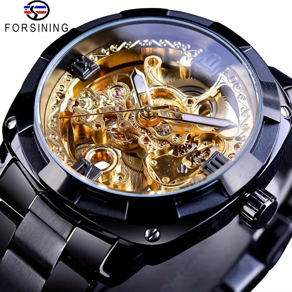 Forsining skeleton watch with black metal band and gold mechanical inner workings visible