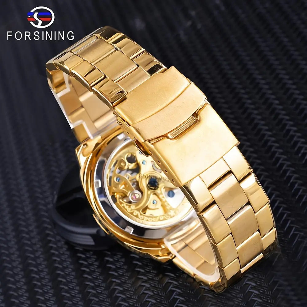 Gold Forsining skeleton watch with metal link bracelet and visible mechanical movement on black background