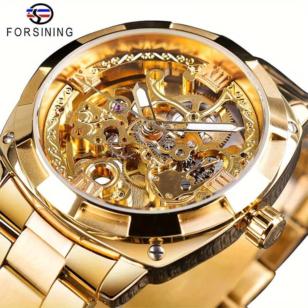 Gold Forsining skeleton watch with visible intricate mechanical gears and metal bracelet