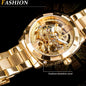 Gold Forsining skeleton watch with stainless steel band showing intricate mechanical design