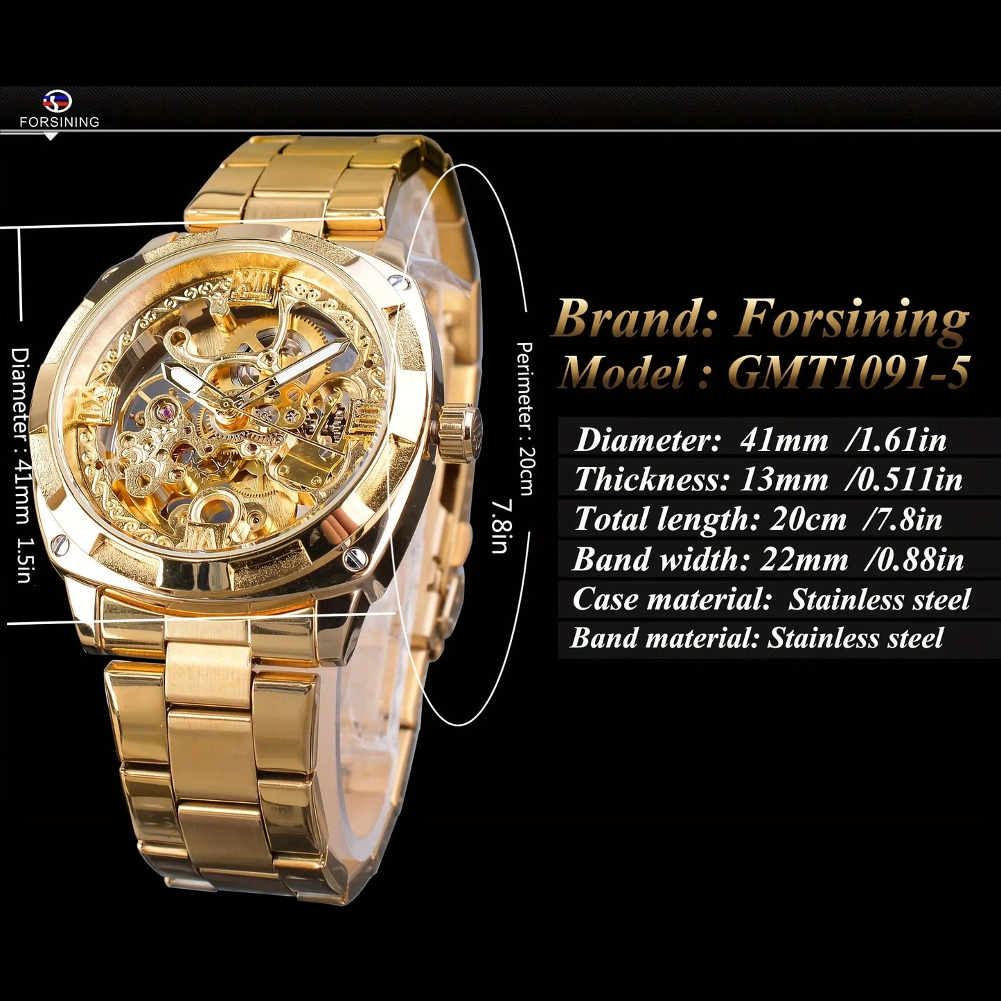 Forsining skeleton watch gold tone stainless steel band with visible mechanical movement