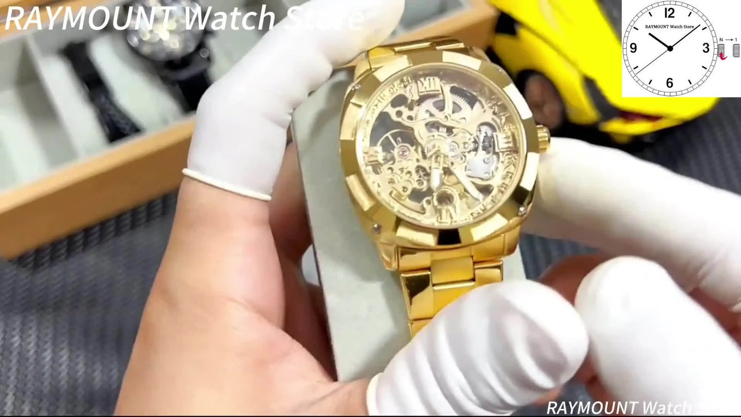 Forsining skeleton watch with gold metal band and intricate mechanical design held by gloved hands