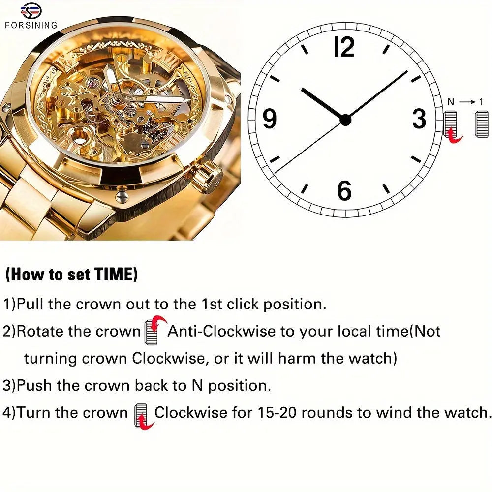 Forsining skeleton watch gold tone with visible mechanical movement and detailed time setting instructions