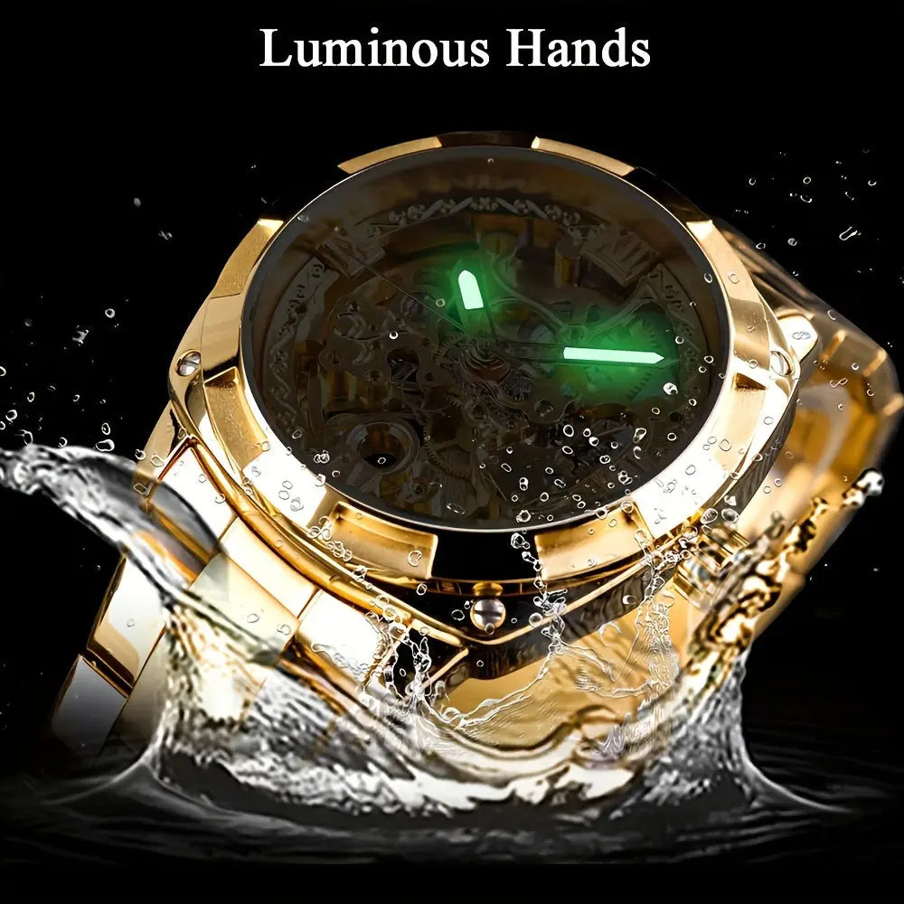 Forsining skeleton watch with luminous hands and gold case splashed with water by Alcom Distribution