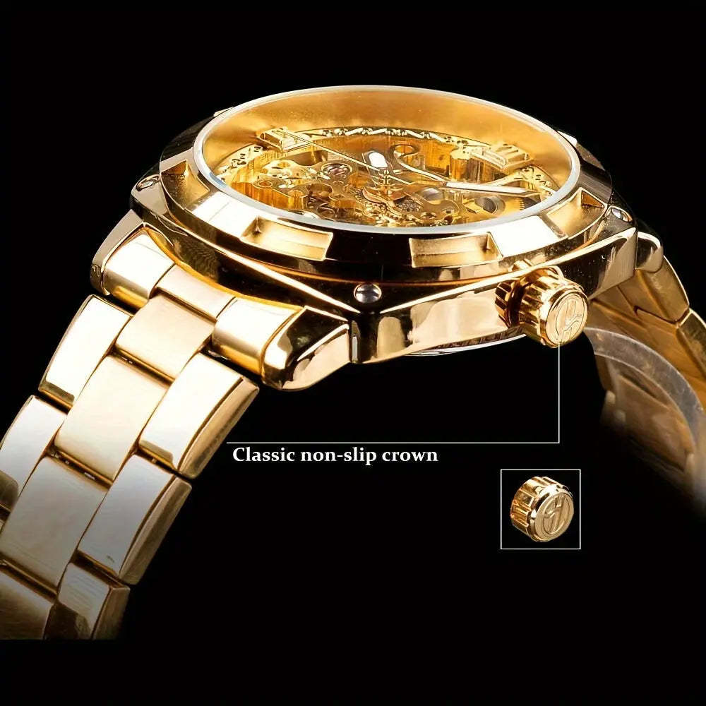Gold Forsining skeleton watch with classic non-slip crown and metal link band by Alcom Distribution