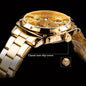 Gold Forsining skeleton watch with classic non-slip crown and metal link band by Alcom Distribution