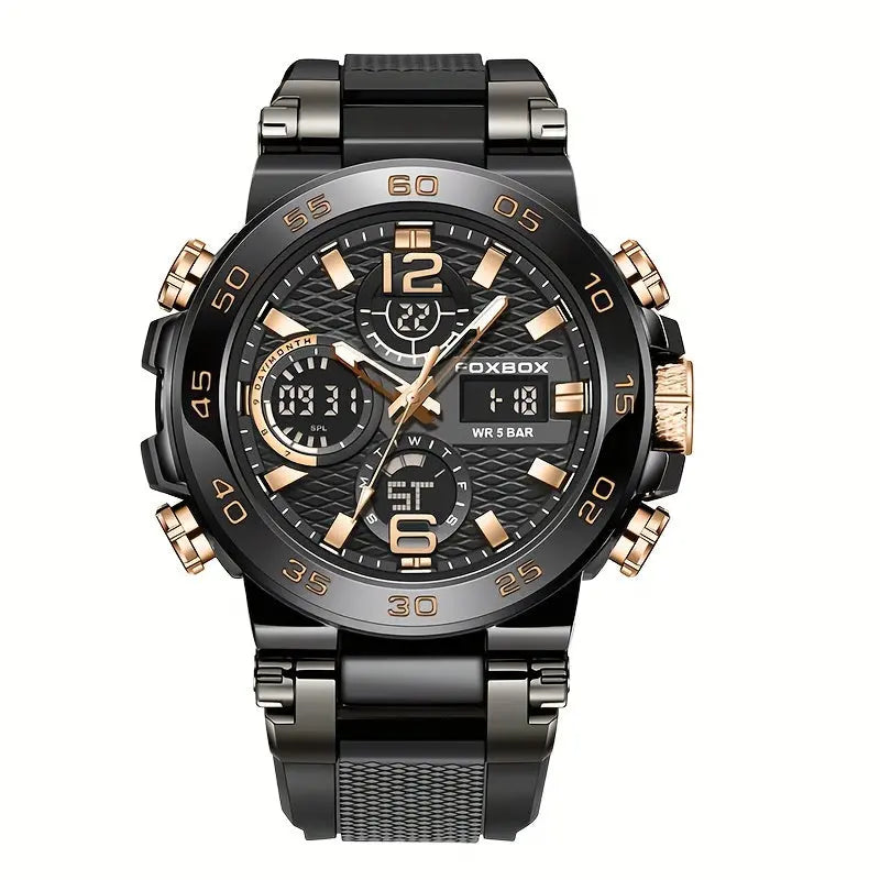 Alcom Distribution waterproof dual display watch with black and gold accents and durable strap