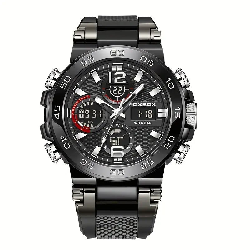 Alcom Distribution waterproof dual display watch with black metal band and multiple function dials