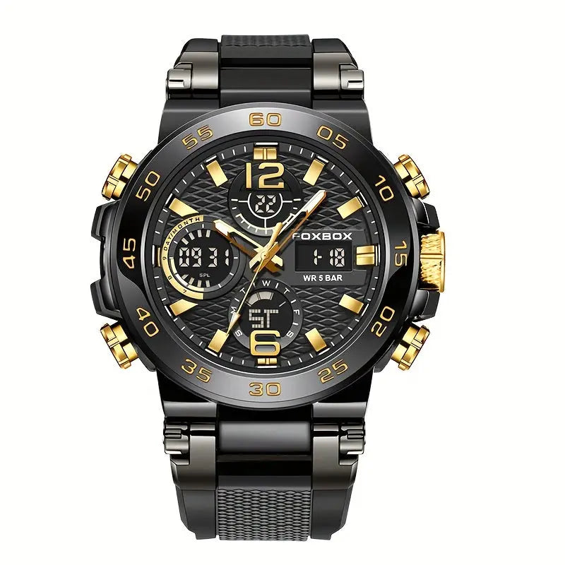 Waterproof dual display watch by Alcom Distribution with black and gold design and multiple dials