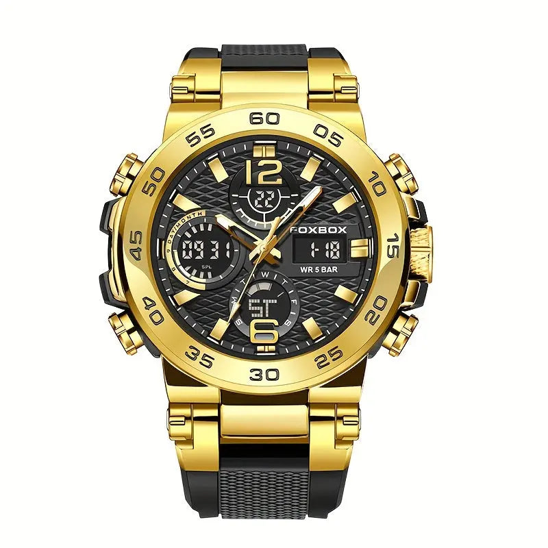 Alcom Distribution waterproof dual display watch with gold case and black textured dial
