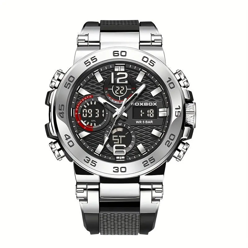 Alcom Distribution waterproof dual display watch with silver case and black textured dial