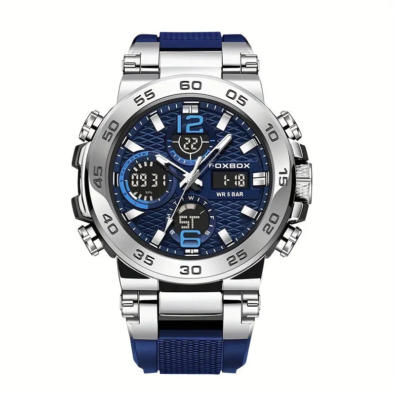 Alcom Distribution waterproof dual display watch with blue dial and silver stainless steel case