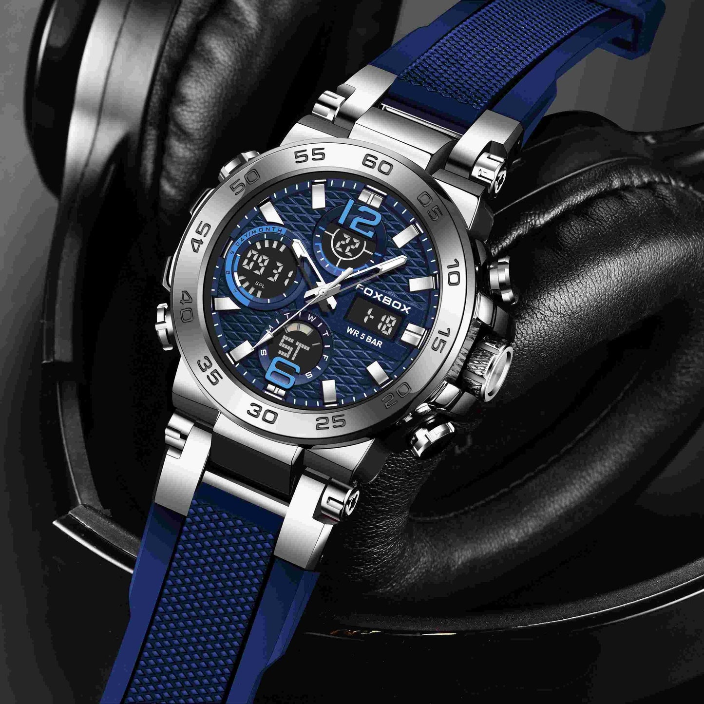 Alcom Distribution waterproof dual display watch with blue strap and stainless steel case