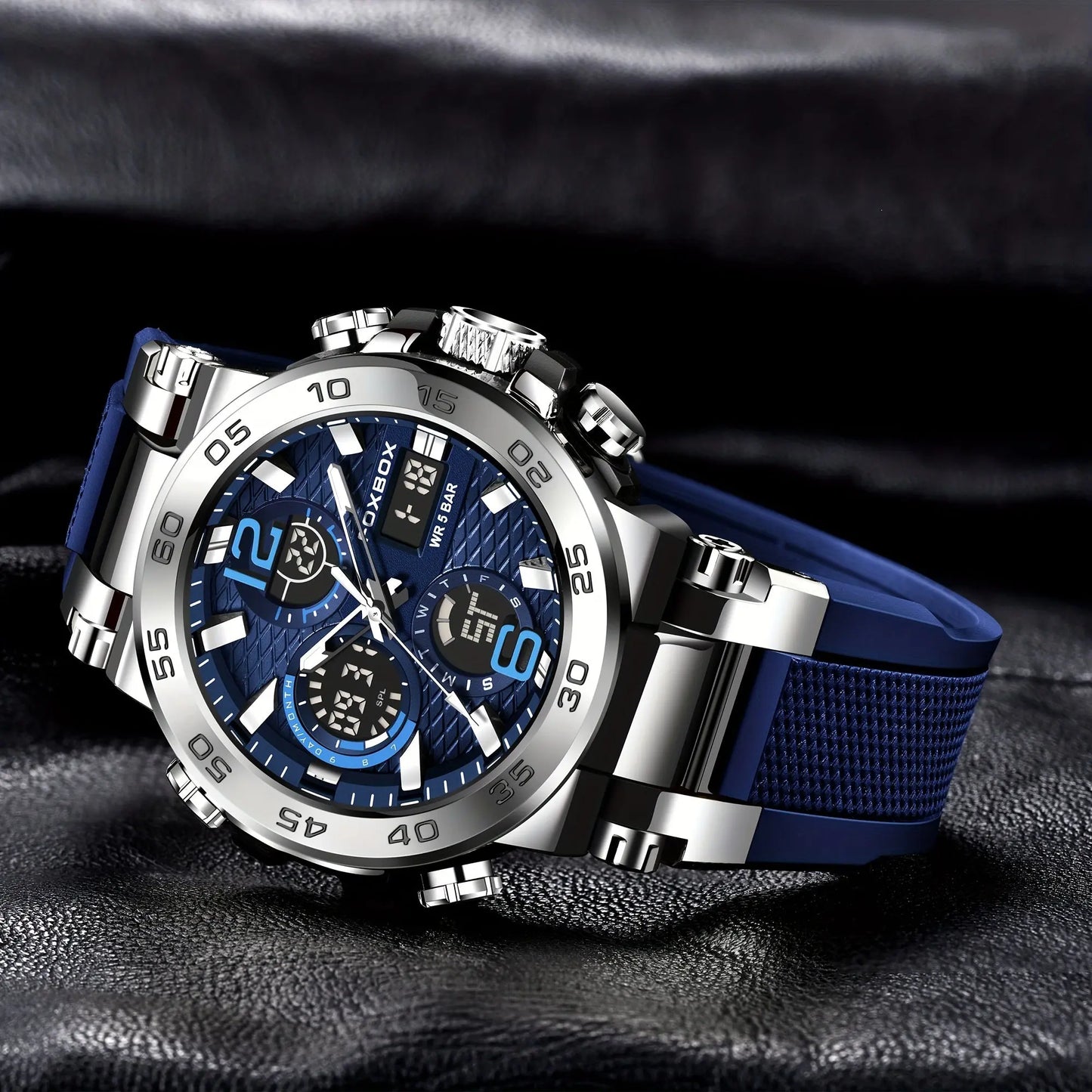 Alcom Distribution waterproof dual display watch with blue textured dial and silicone strap