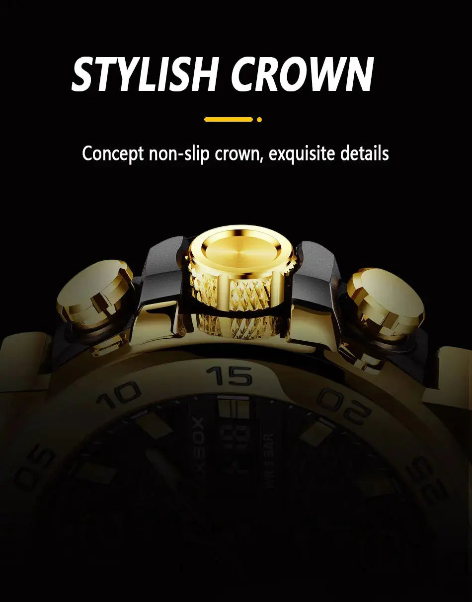 Alcom Distribution gold watch crown close up highlighting non slip crown details waterproof quartz digital watch