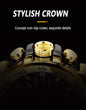 Alcom Distribution gold watch crown close up highlighting non slip crown details waterproof quartz digital watch