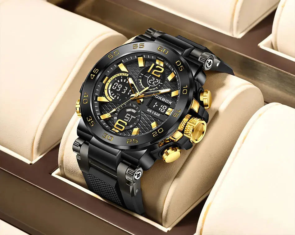 Alcom Distribution black and gold sport watch with chronograph details waterproof quartz digital watch
