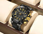 Alcom Distribution black and gold sport watch with chronograph details waterproof quartz digital watch