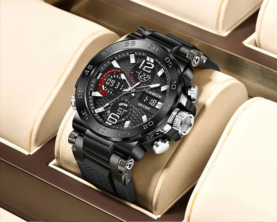Alcom Distribution black rugged waterproof quartz digital watch with analog hands dual LCD displays metal case