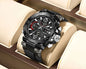 Alcom Distribution black rugged waterproof quartz digital watch with analog hands dual LCD displays metal case