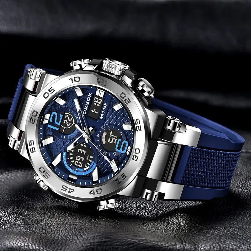 Alcom Distribution blue sport chronograph watch with silver case and textured strap waterproof quartz digital watch