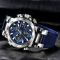 Alcom Distribution blue sport chronograph watch with silver case and textured strap waterproof quartz digital watch