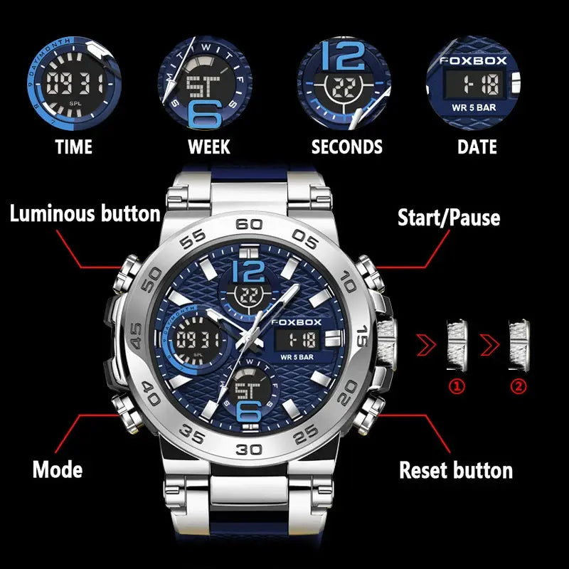 Alcom Distribution stainless steel sports watch with blue dial chronograph and luminous buttons waterproof quartz digital watch