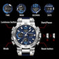 Alcom Distribution stainless steel sports watch with blue dial chronograph and luminous buttons waterproof quartz digital watch