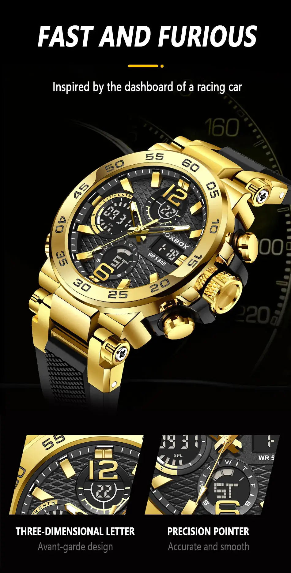 Alcom Distribution gold racing chronograph waterproof quartz digital watch with black textured dial and bold numerals