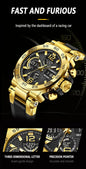 Alcom Distribution gold racing chronograph waterproof quartz digital watch with black textured dial and bold numerals