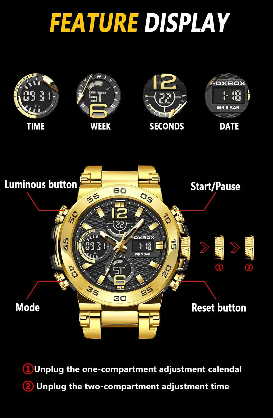 Alcom Distribution gold analog digital watch with labeled buttons and time week seconds date waterproof quartz digital watch