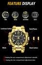 Alcom Distribution gold analog digital watch with labeled buttons and time week seconds date waterproof quartz digital watch