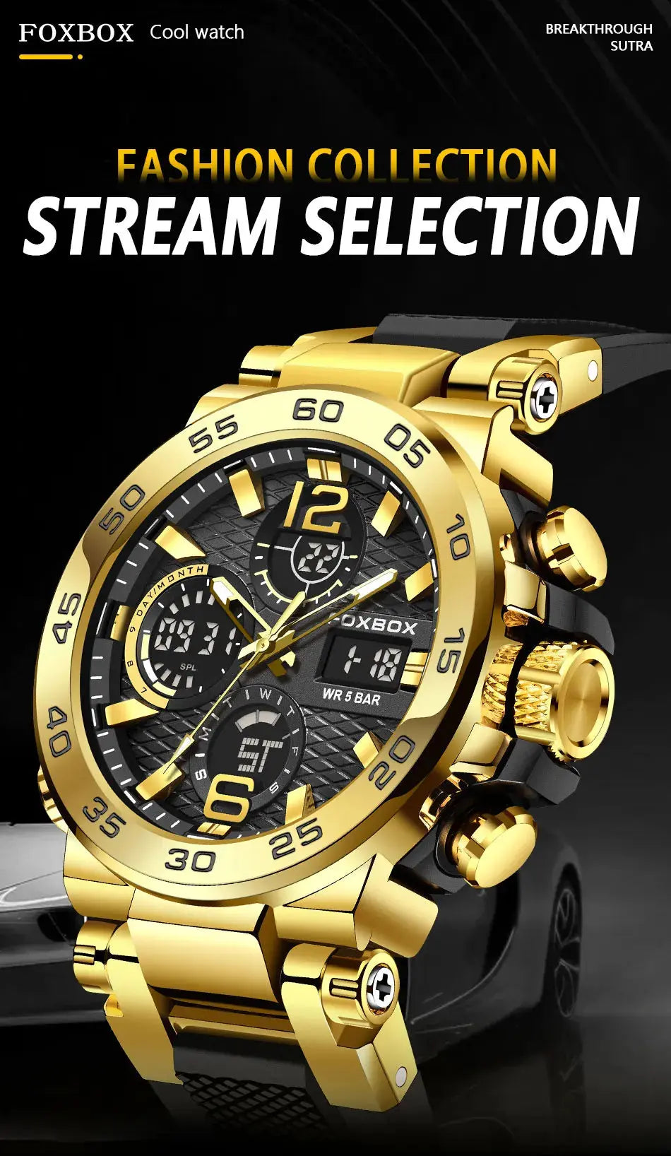 Alcom Distribution gold sport chronograph watch with black dial and metal bracelet waterproof quartz digital watch