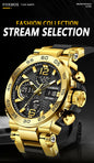 Alcom Distribution gold sport chronograph watch with black dial and metal bracelet waterproof quartz digital watch