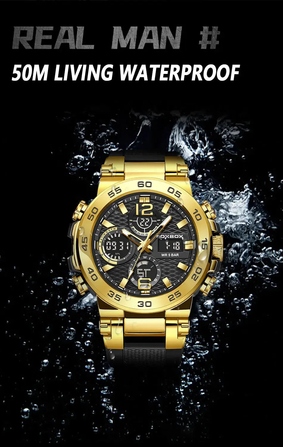 Alcom Distribution gold mens analog digital watch with black dial and metal bracelet waterproof quartz digital watch