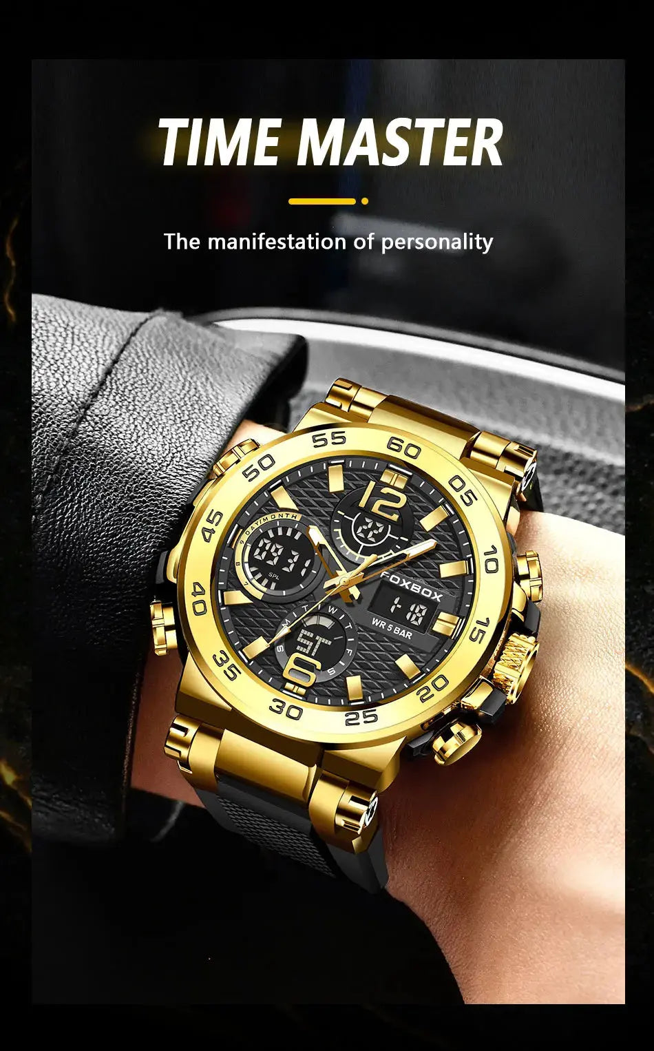 Alcom Distribution gold stainless steel mens waterproof quartz digital watch with black dial