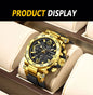 Alcom Distribution gold chronograph watch with black dial and strap on display waterproof quartz digital watch