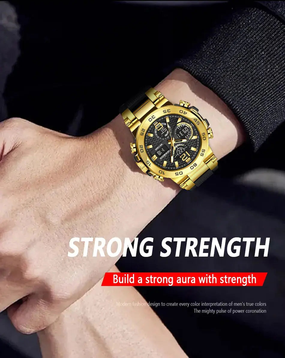 Alcom Distribution gold chronograph wristwatch on wrist, black dial and metal band, waterproof quartz digital watch