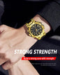 Alcom Distribution gold chronograph wristwatch on wrist, black dial and metal band, waterproof quartz digital watch