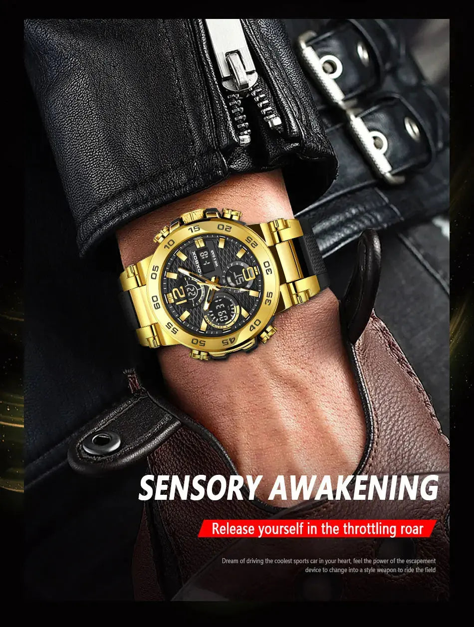 Alcom Distribution gold stainless waterproof quartz digital watch on wrist with leather jacket and glove
