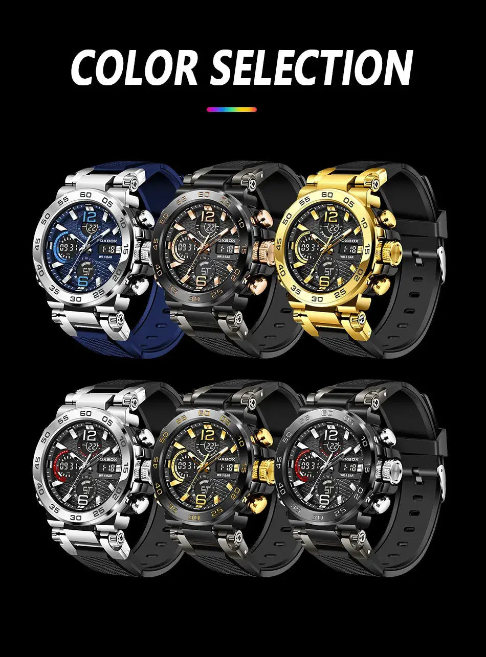 Alcom Distribution six color selection of waterproof quartz digital watch with metal cases and black silicone straps