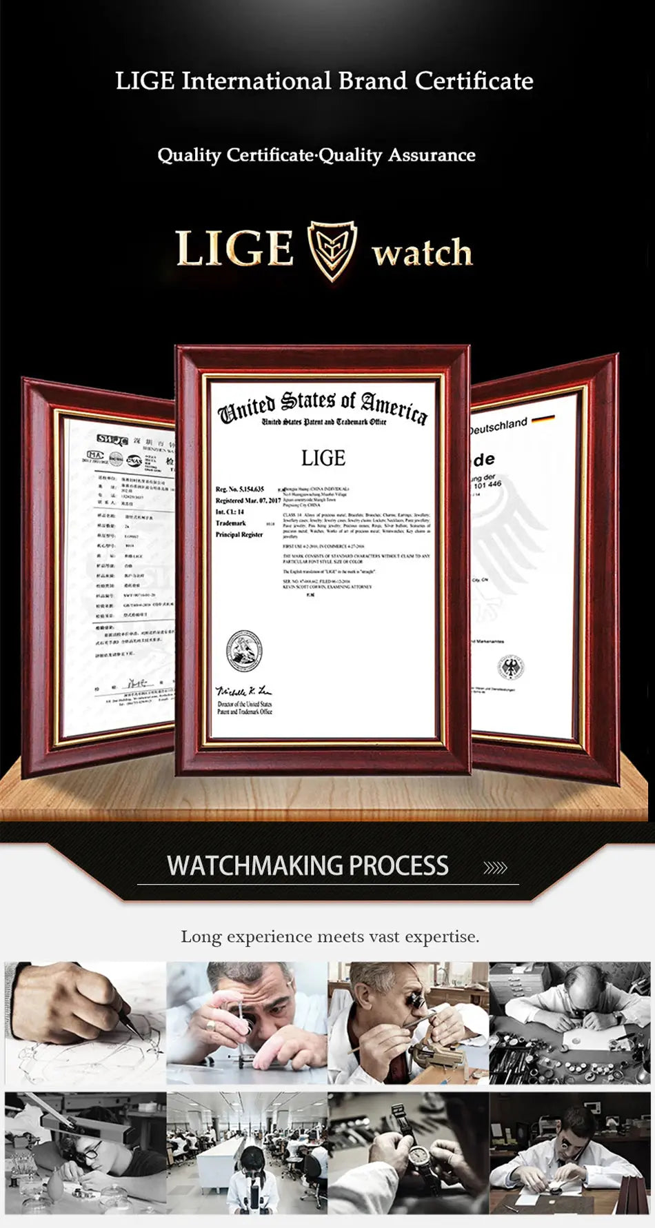 Alcom Distribution LIGE framed certificates and watchmaking workshop images showcasing waterproof quartz digital watch