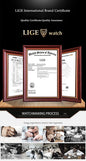 Alcom Distribution LIGE framed certificates and watchmaking workshop images showcasing waterproof quartz digital watch