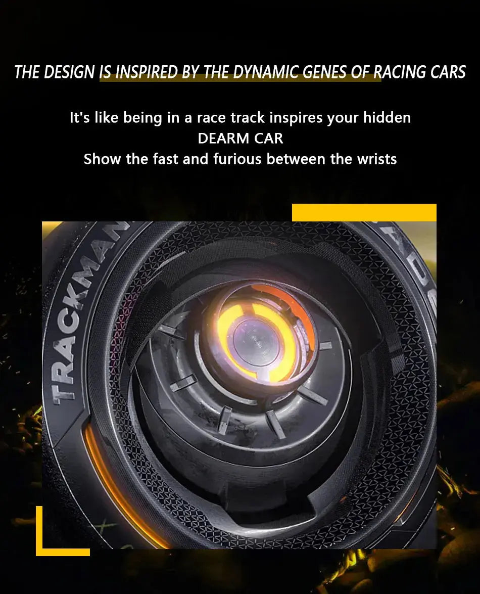 Alcom Distribution waterproof quartz digital watch with racing car inspired black dial and orange accents