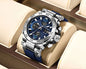 Alcom Distribution sporty silver chronograph watch with blue dial and strap waterproof quartz digital watch with multiple subdials