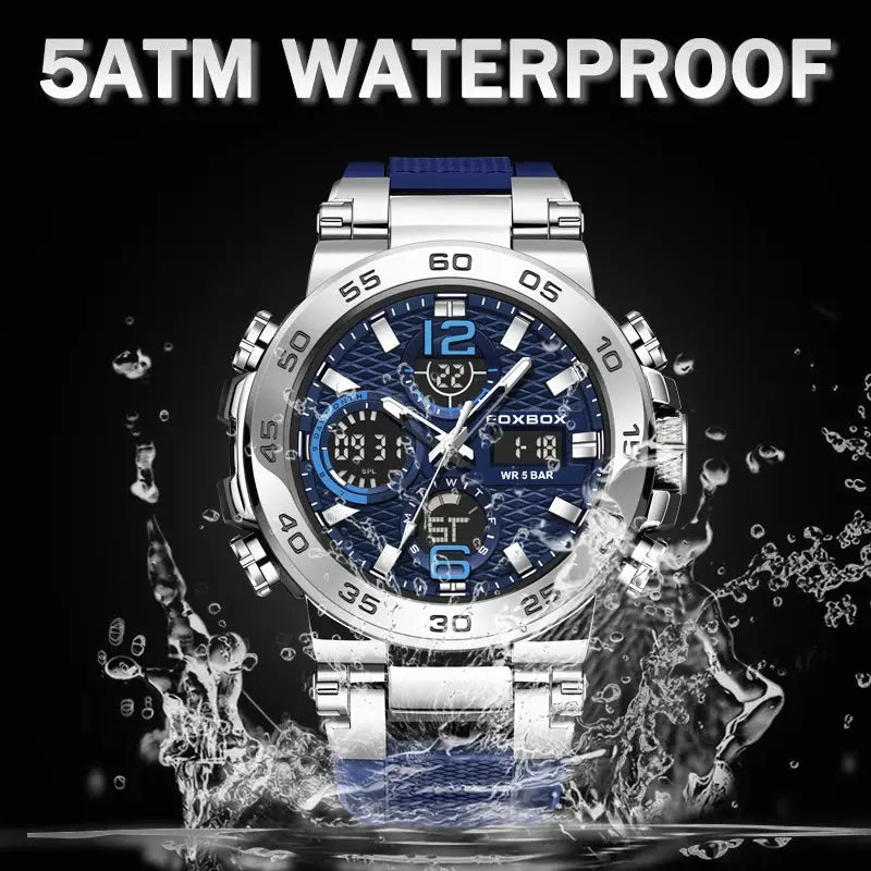 Alcom Distribution stainless steel blue dial waterproof quartz digital watch with 5ATM water resistance
