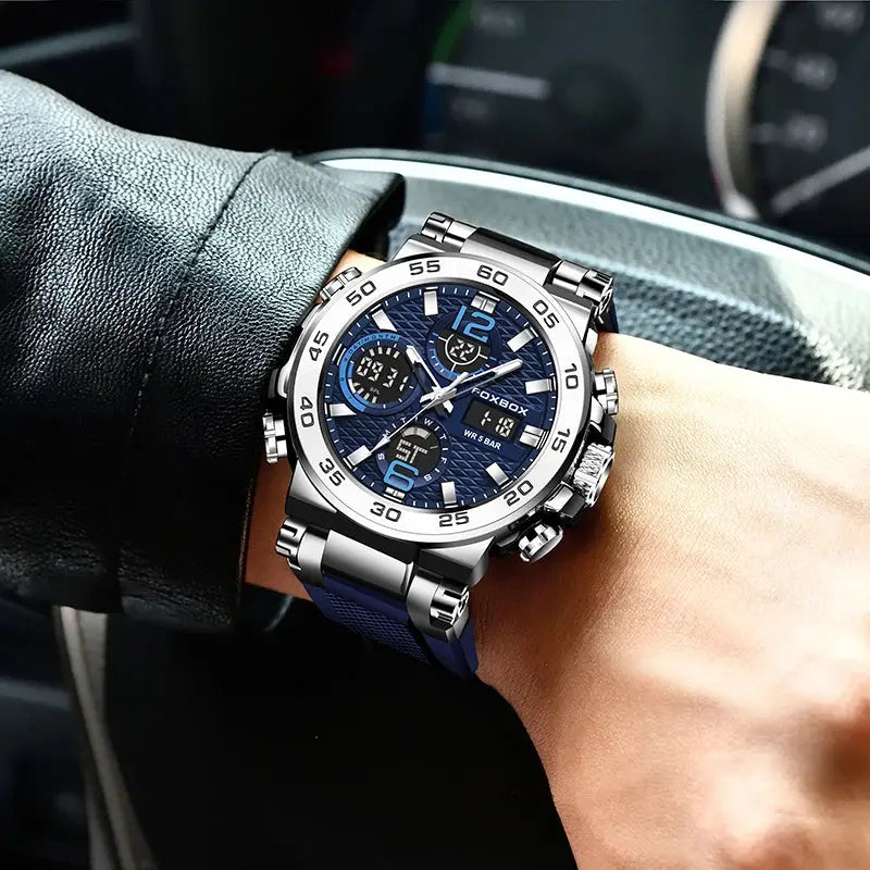 Alcom Distribution large stainless steel blue dial hybrid analog digital wristwatch with blue strap waterproof quartz digital watch